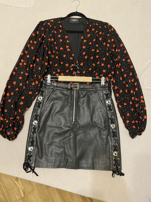 Комплект The kooples paris, S, S-M, шкіряна спідниця, блуза в сердечка