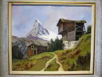 antiga pintura em óleo sobre tela - paisagem suíça - Matterhorn-