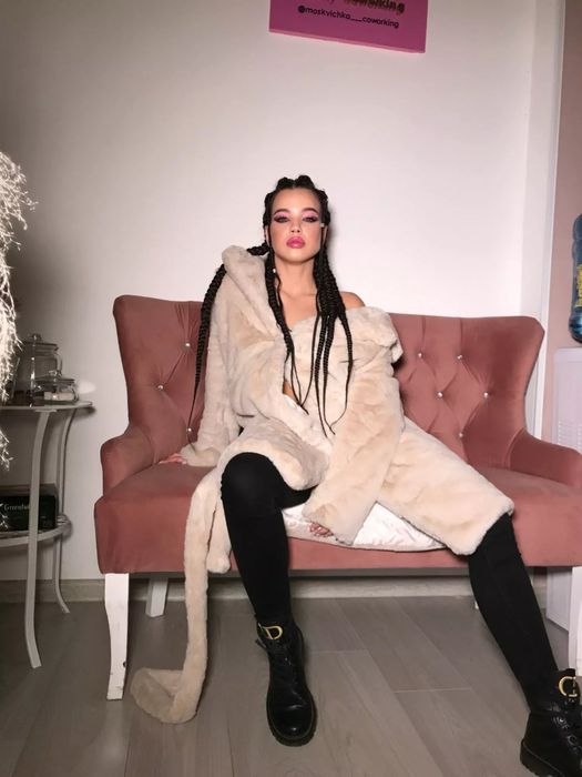 Шуба бежева шубка хакі S M пальто плюшеве екошуба искусственная L XL