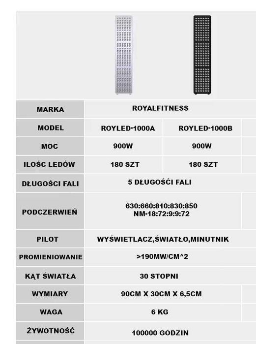 Lampa Panel LED na podczerwień RoyalFitness wynajem z dowozem Kraków