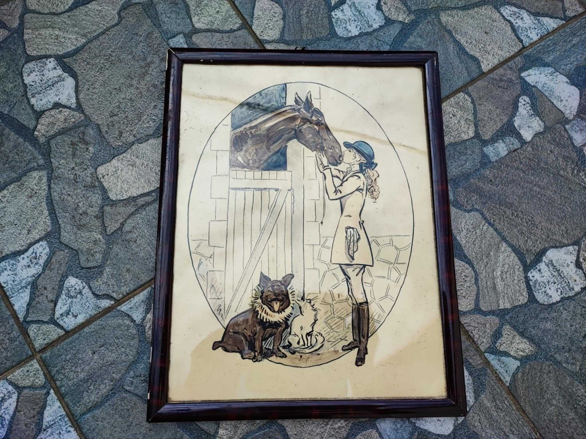 Przedwojenna akwarela.dziewczyna koniem,koty,sygn.z tyłu