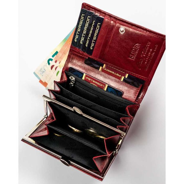 PETERSON portfel damski skórzany elegancki z biglem P224 czerwony