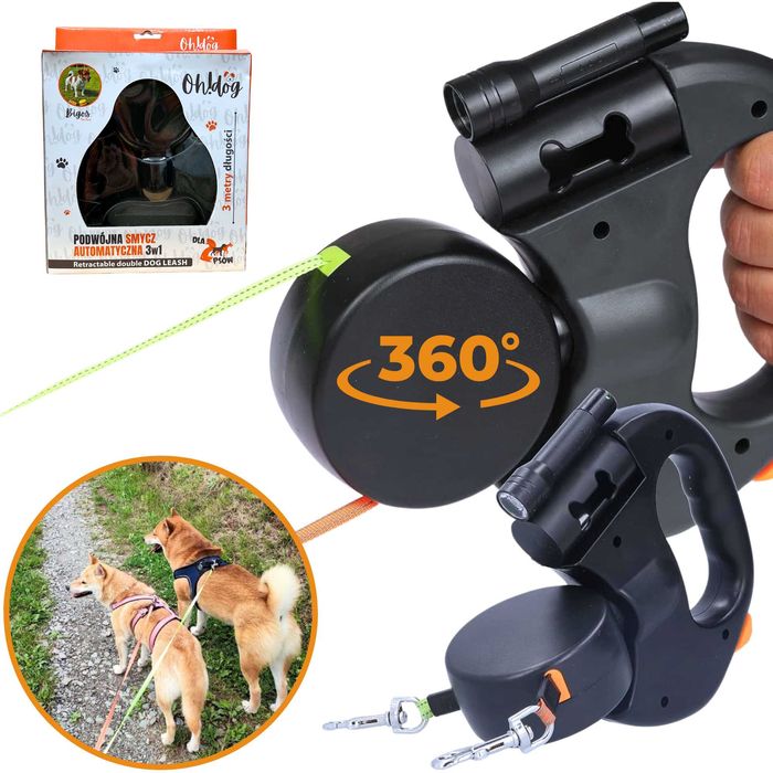 Podwójna SMYCZ Dla Dwóch Psów 3m Automatyczna Oh!dog Zwijana Taśma