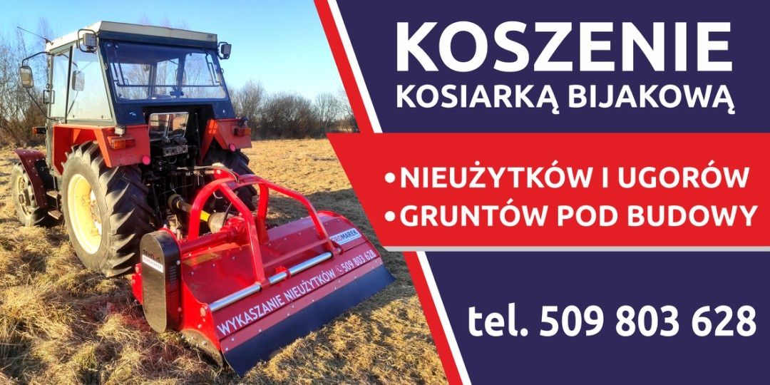 Koszenie trawy, nieużytków, mulczowanie, karczowanie kosiarką bijakową