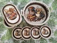 Koszyk na pieczywo i zestaw kawowy taca i podkładki pod kubek handmade