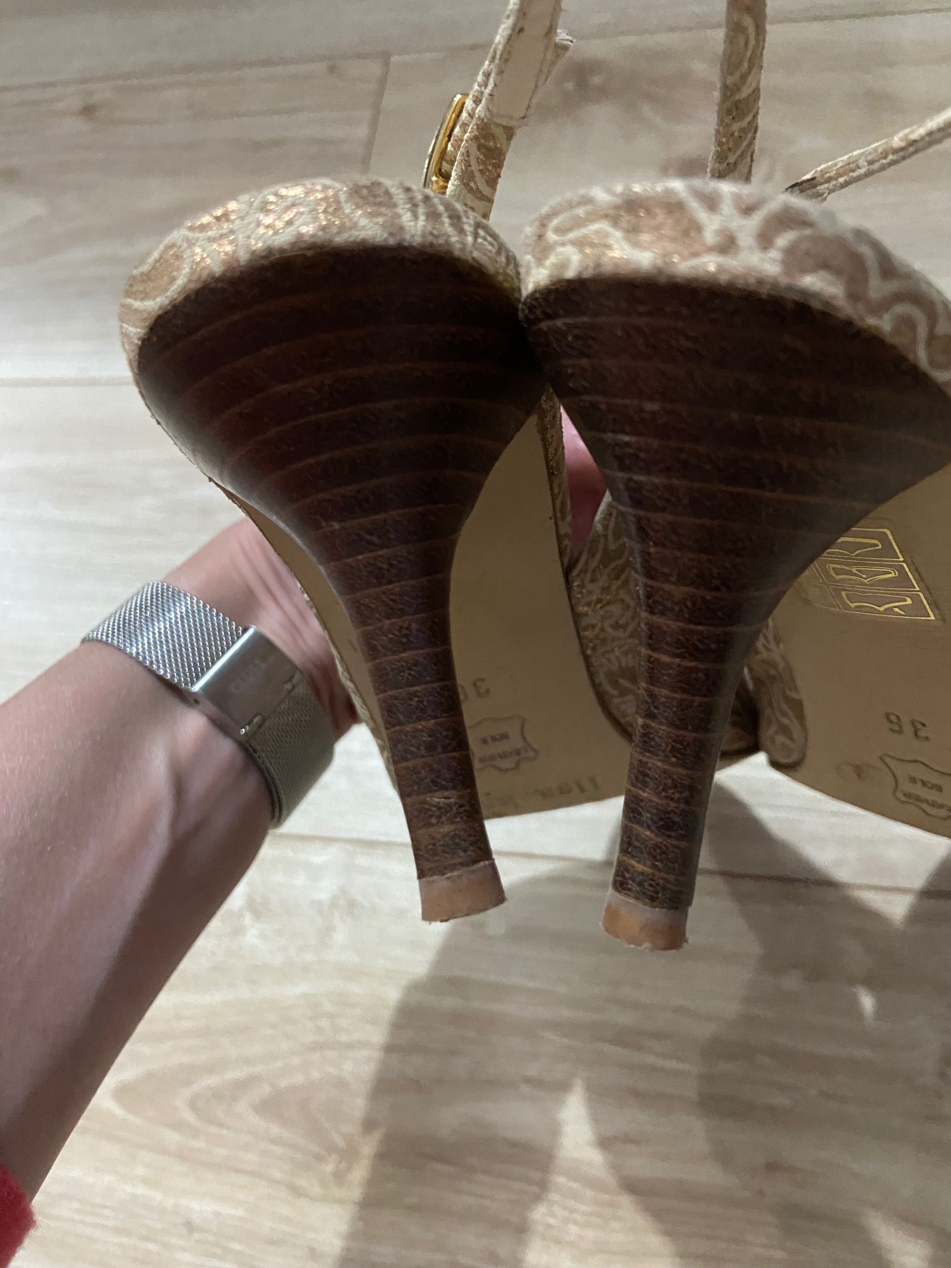 Sandałki czółenka szpilki Lisa Kay całe skórzane 36 beżowe złote