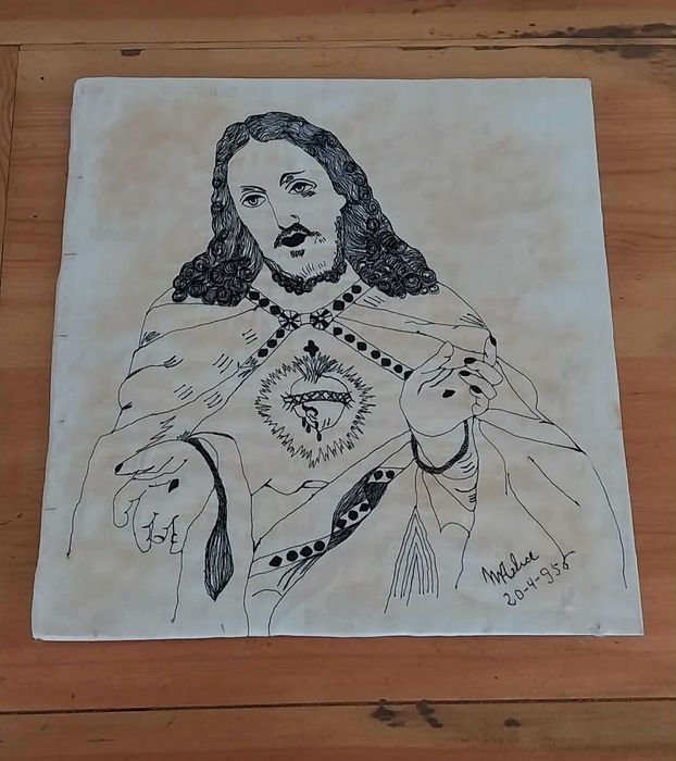 Arte Popular-Sagrado Coração Jesus desenhado sobre Pano ass. "mAlice"