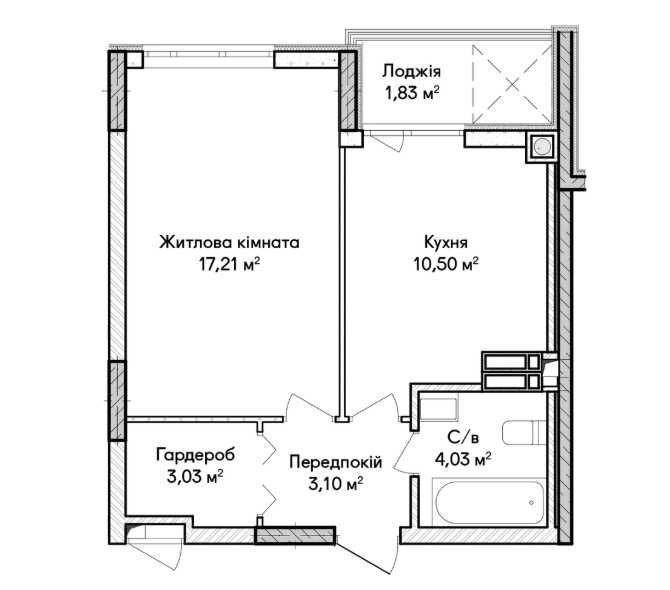 Простора 1-кімнатна квартира з гардеробною та лоджією