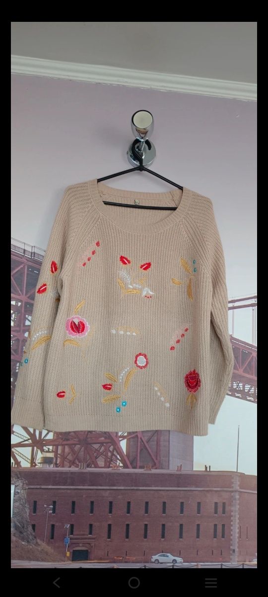 Jak nowy beżowy sweter sweterek hafty kwiaty liście r.xl 42