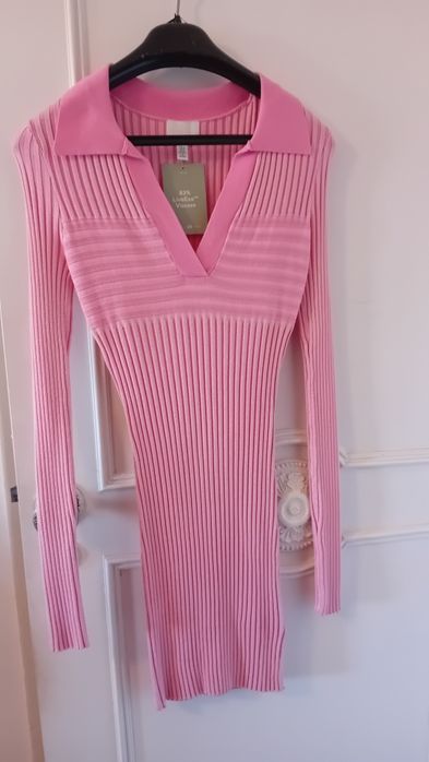 Vestido manga comprida, malha rosa