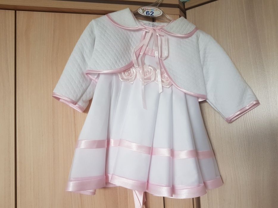 Nowy!Komplet/ zestaw na chrzciny sukienka bolerko kapelusz rozm. 62 cm