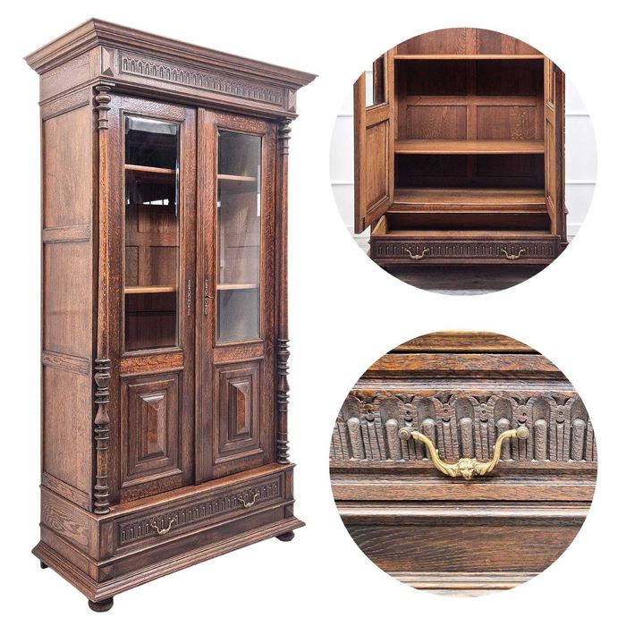 Dębowa WITRYNA zdobiona Antyk BIBLIOTECZKA szkło fazowane szuflada