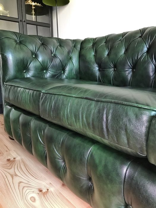 Sofa skórzana chesterfield zielona, skóra naturalna antykowana, 3 os.