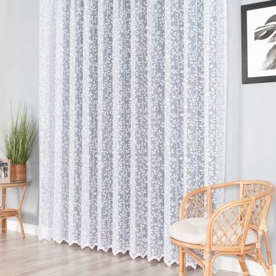 Długa firana LISTKI 240x400cm 023058 - elegancka, biała dla salonu