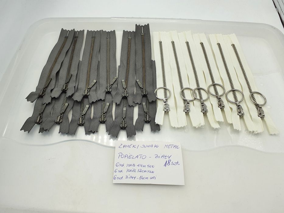 Zamek suwak metal popielato-biały zestaw 18 szt.YKK i Opti