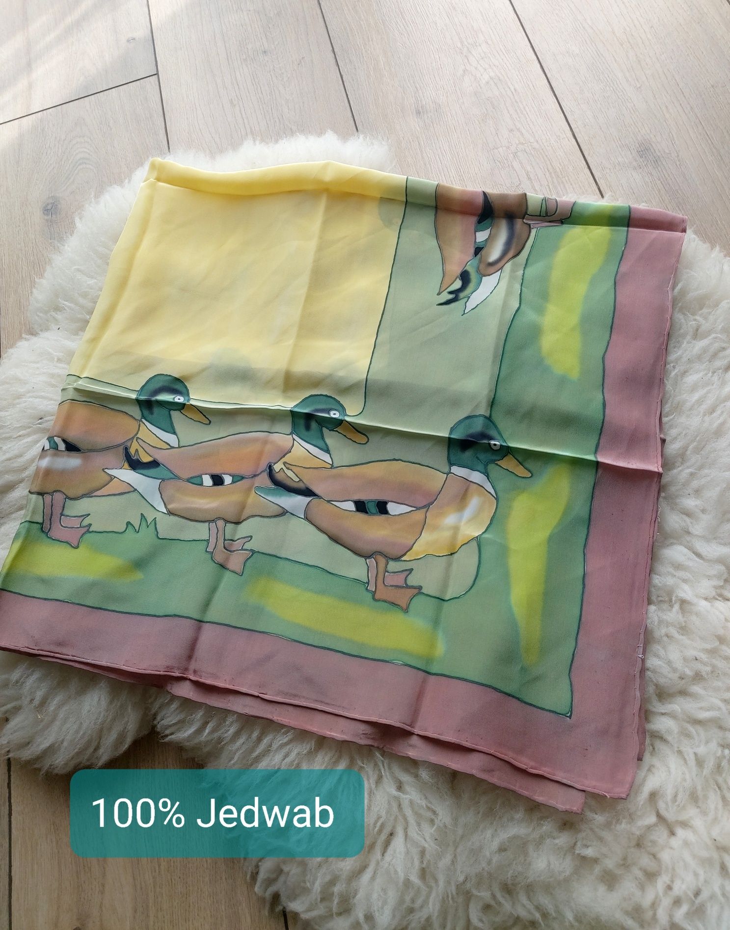 Duża Jedwabna chusta damska Vintage A. Billmann 100%Silk kaczki  ręczn