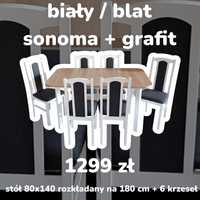 Nowe: STÓŁ + 6 KRZESEŁ, biały/blat sonoma + grafit , dostawa cała PL