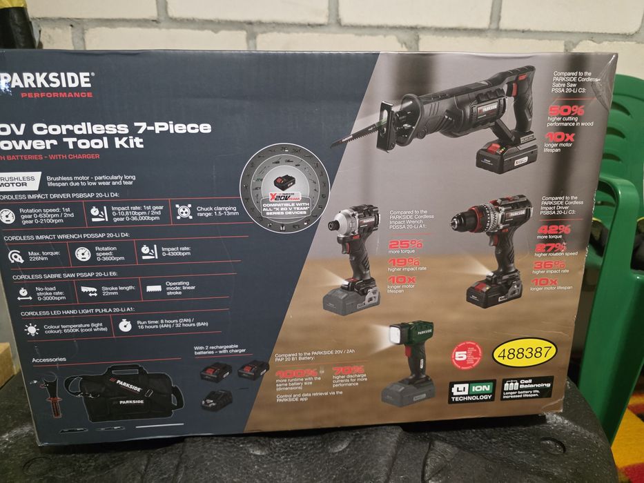 PARKSIDE PERFORMANCE 20V zestaw narzędzi 7w1 Brushless 2x4Ah + ładowar