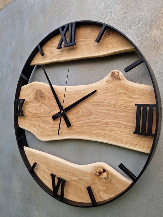 Zegar ścienny loft Dębowy 50cm stalowy drewniany rękodzieło salon duży