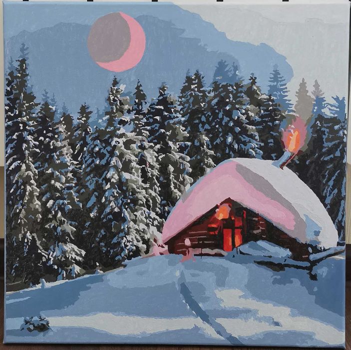 Картина за номерами "Засніжена хатинка" намальована
