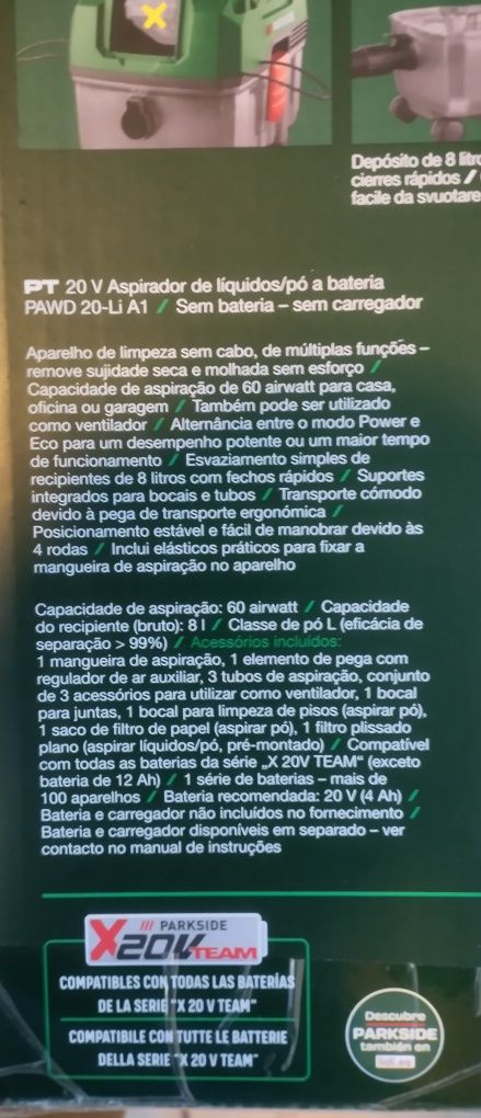 Aspirador líquidos/pó a bateria 20V Parkside novo