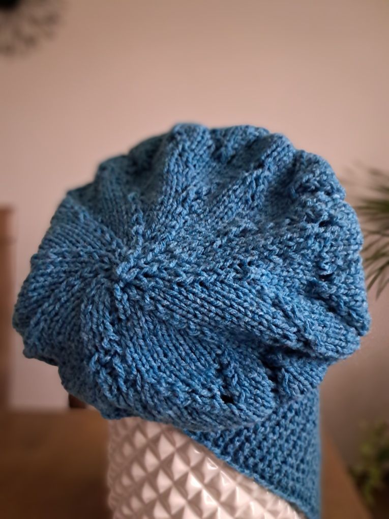 Czapka I szalik, komplet, beret błękitny handmade
