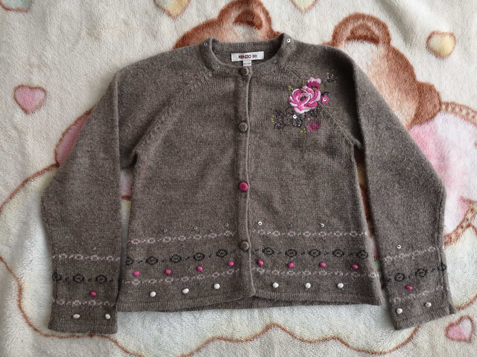 Zapinany haftowany sweter Kenzo 122 - 128 w kwiatki pompony cekiny