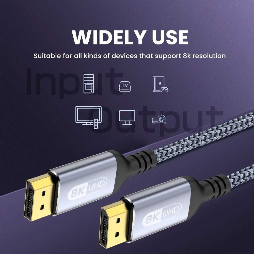 Kabel DP v1.4 DisplayPort Szybki Przesył Danych do 8K SZARY Przewód 2m