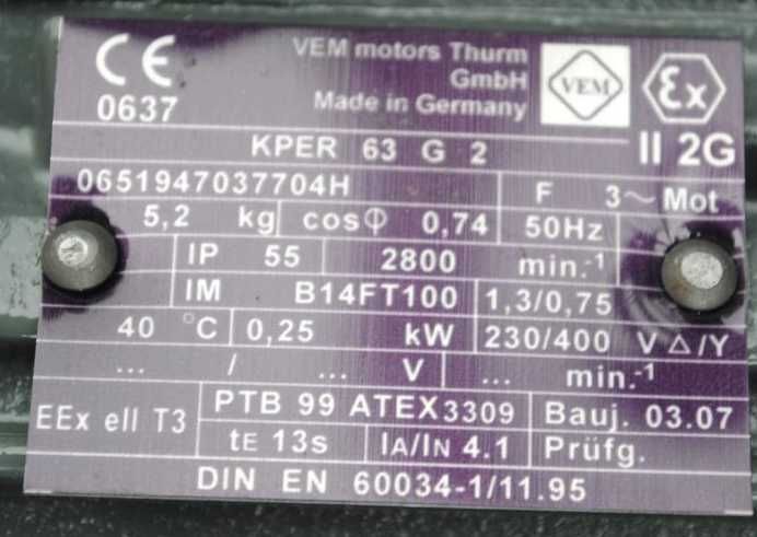 Silnik elektryczny 0.25kw. 2800obr. VEM. Wersja Ex