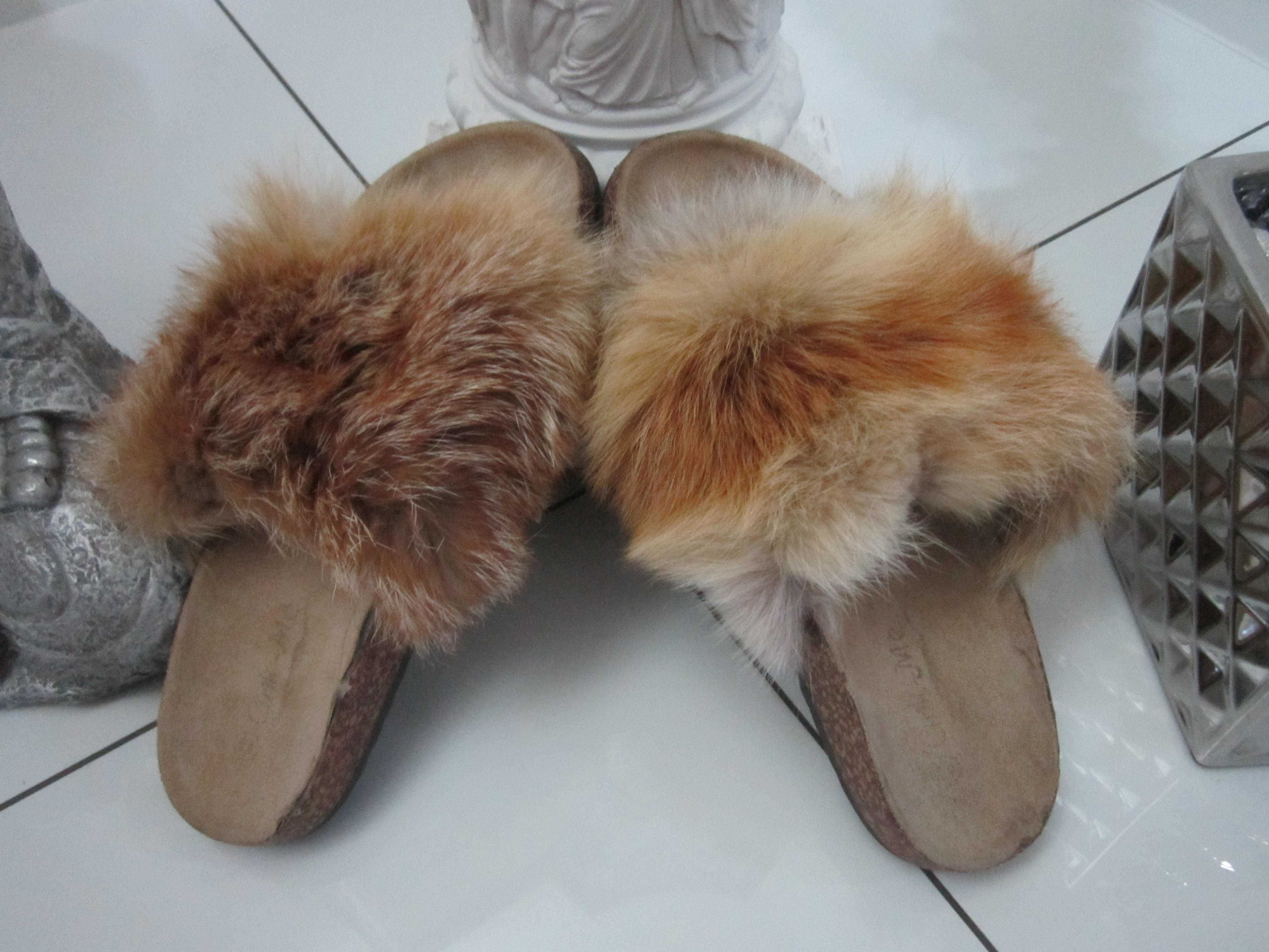 klapki skóra naturalna z naturalnym futrem lisa r 39 - 40 wk 26,5-27