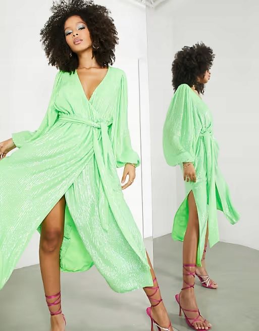 Asos Edition 40 L Limonkowa Sukienka Zdobiona Cekin Wrap Crystal D1107