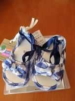 Sandálias de bebé menina em tecido Tam. 16 e 17 cor. Azul e branco. No