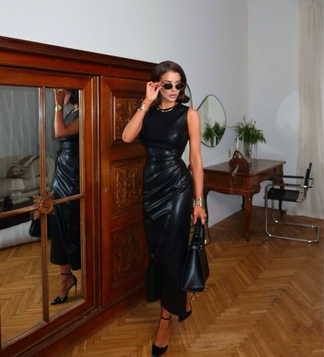 Жіноча сукня з еко шкіри/ жіноча сексуальна сукня/ довга сукня шкіряна