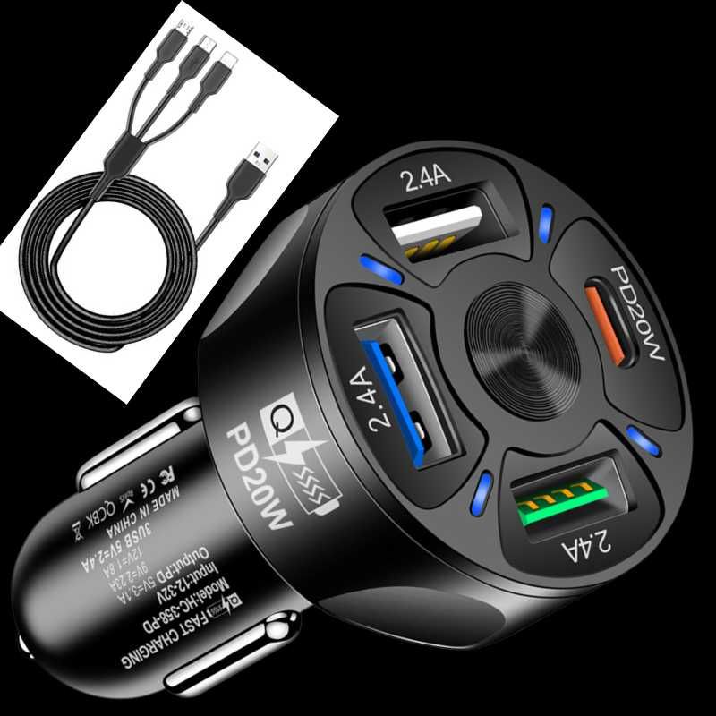 Ładowarka samochodowa 3x USB + 1x USB C - PD20W + kabelek