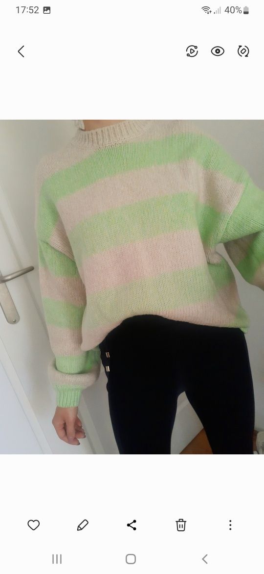 Sweter oversize w paski bufiaste rękawy Bershka M