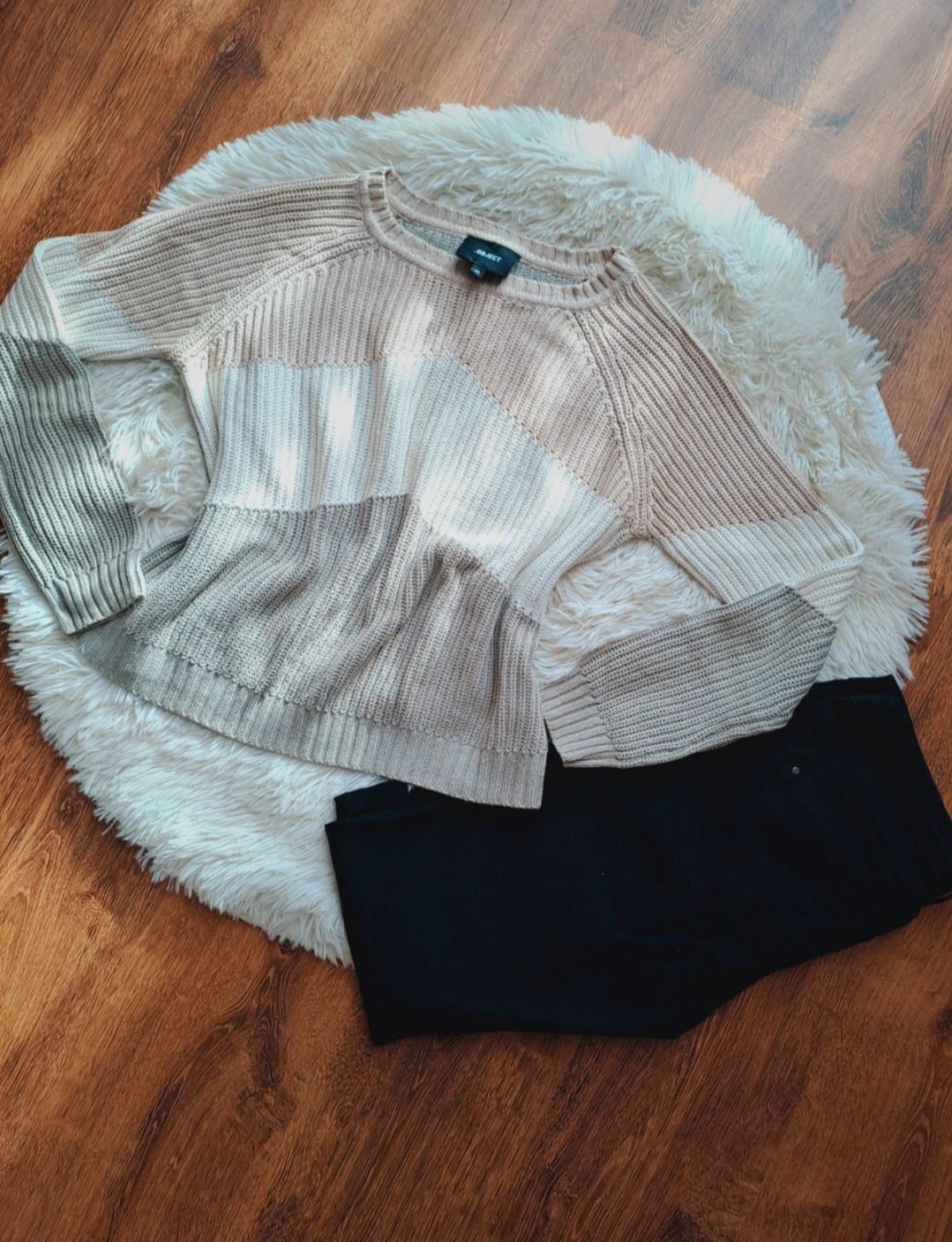 Dzianinowy Sweter Oversize | Object | Bawełna | Rozmiar XS/S | Beż Pud