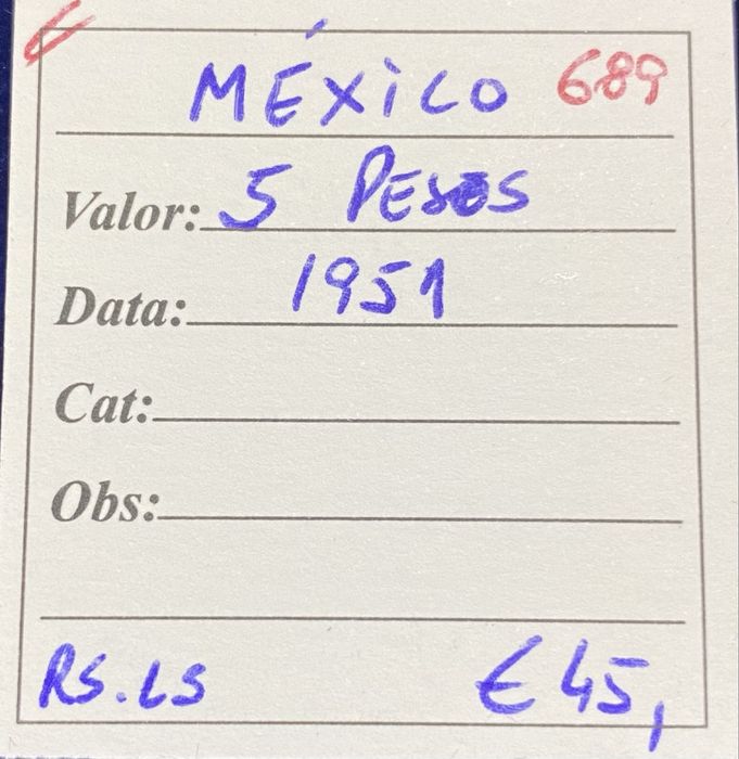 Moeda MEXICO 5 Pesos 1951 Prata