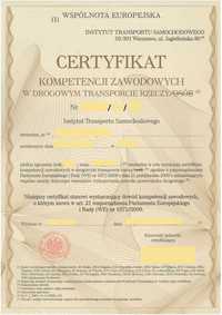Certyfikat kompetencji przewoźnika - licencja transportowa, zezwolenie