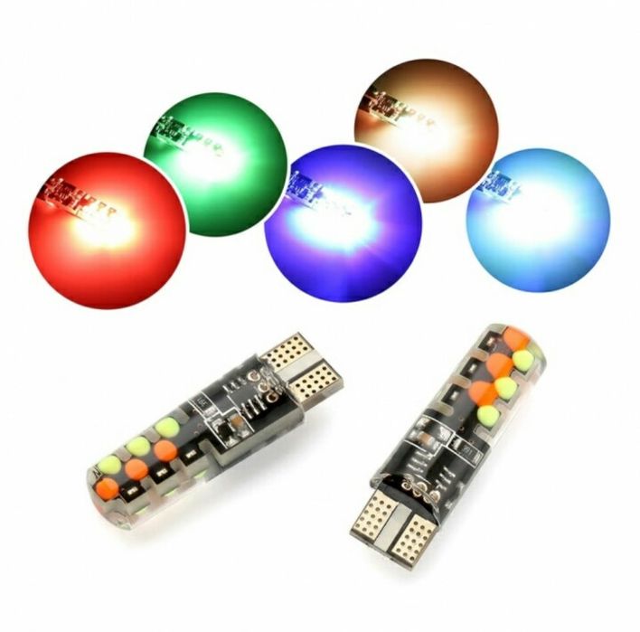 Led RGB w5w, T10, габариты разноцветные, стробоскоп подсветка салона