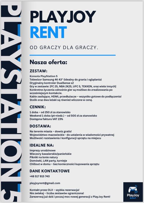 Wypożyczalnia stanowisk Playstation 5 4K PlayJoy Rent