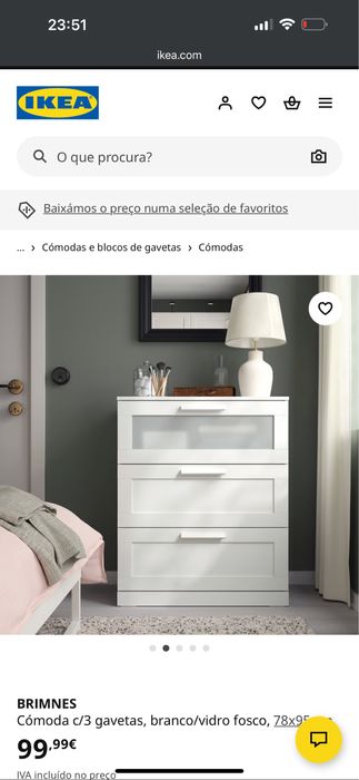 Cómoda c/3 gavetas, branco/vidro fosco