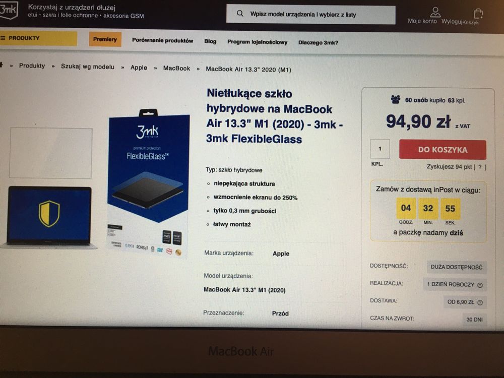 Nietłukące szkło hybrydowe na MacBook Air 13.3” M1 3mk FlexibleGlass