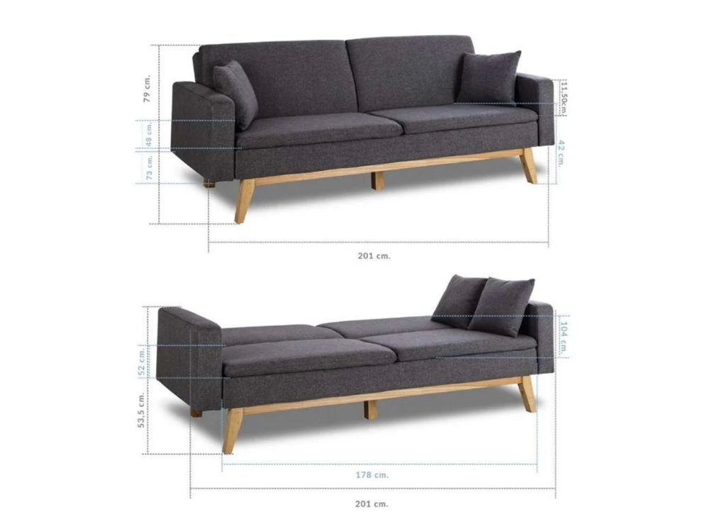 Sofá-Cama 3 Lugares (206 x 74 x 83 cm - Cinzento Carvão)