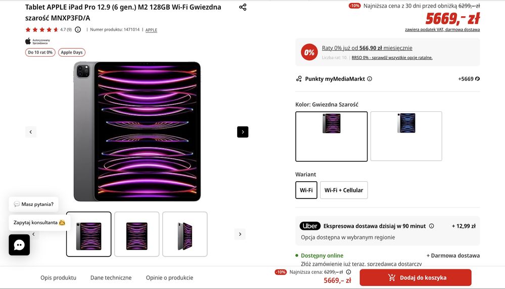 IPad Pro 12.9 6 gen. M2 128 GB Wi-Fi Gwiezdna szarość