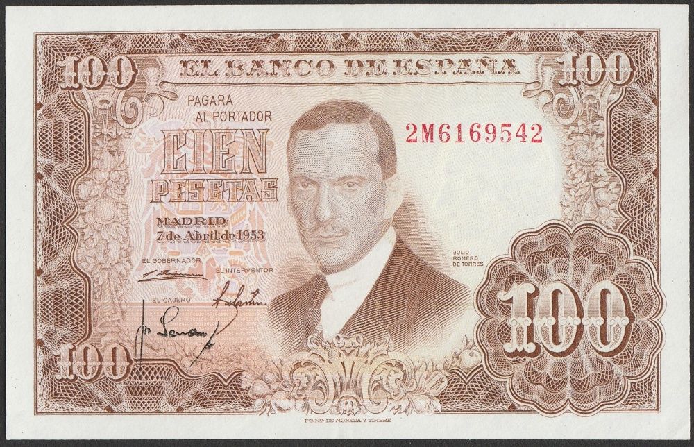 Hiszpania 100 peset 1953 - Julio Romero - stan bankowy UNC