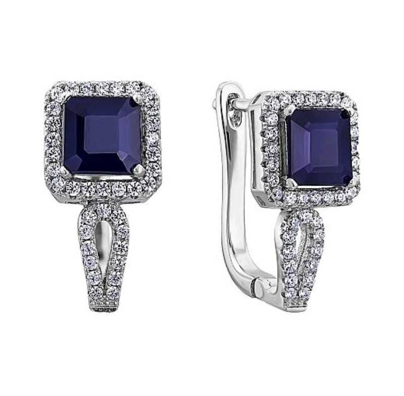 Серьги из серебра с сапфиром и фианитами