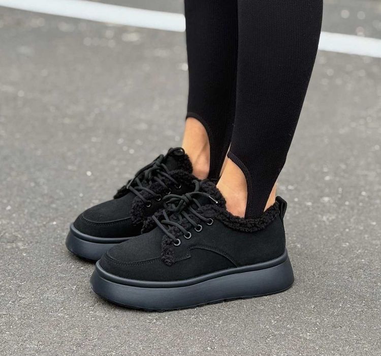 Зимние женские кроссовки замшевые с мехом натуральная замша черные