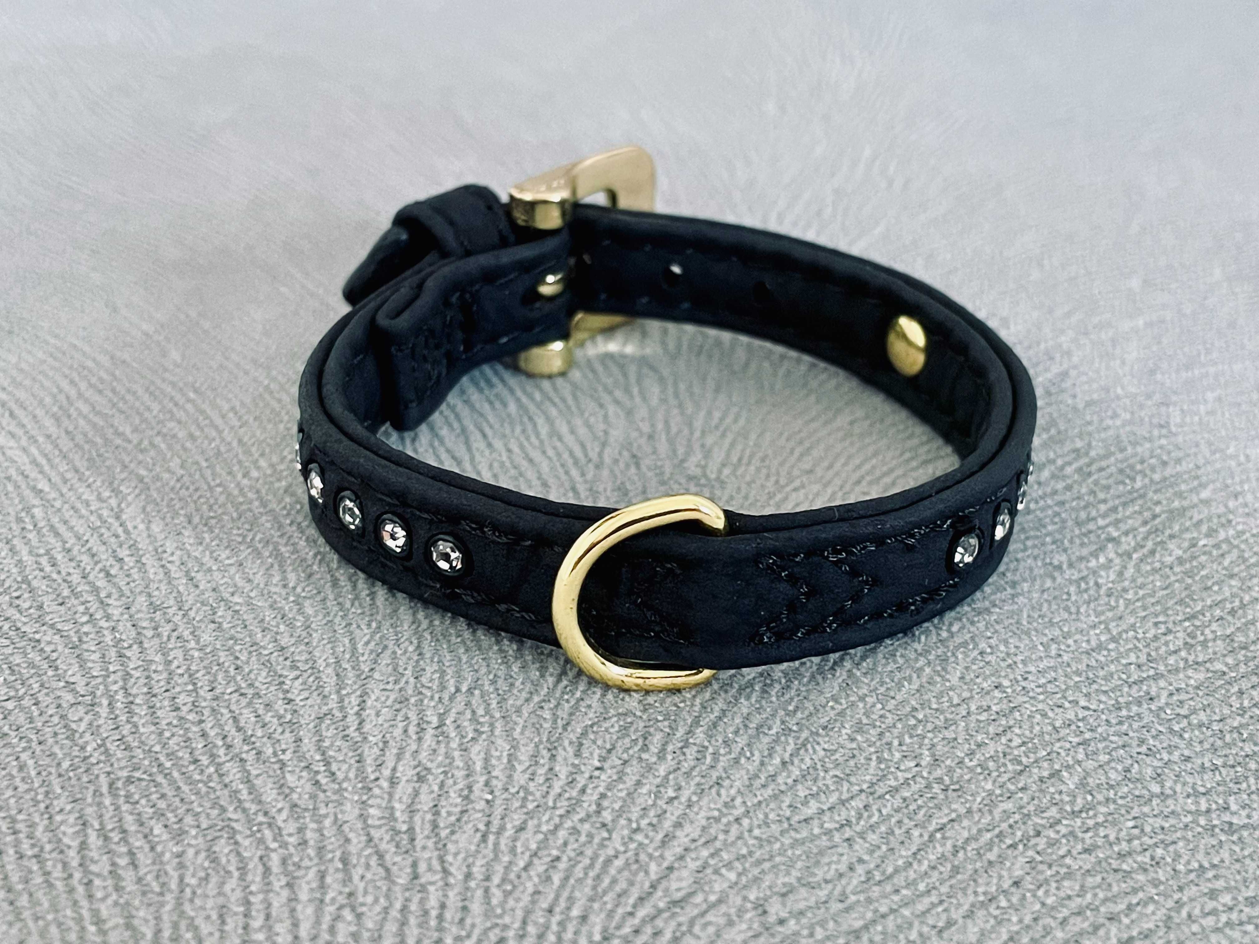 Obroża elegancka, czarna z cyrkoniami i złota korona, 19cm ost.dziurka