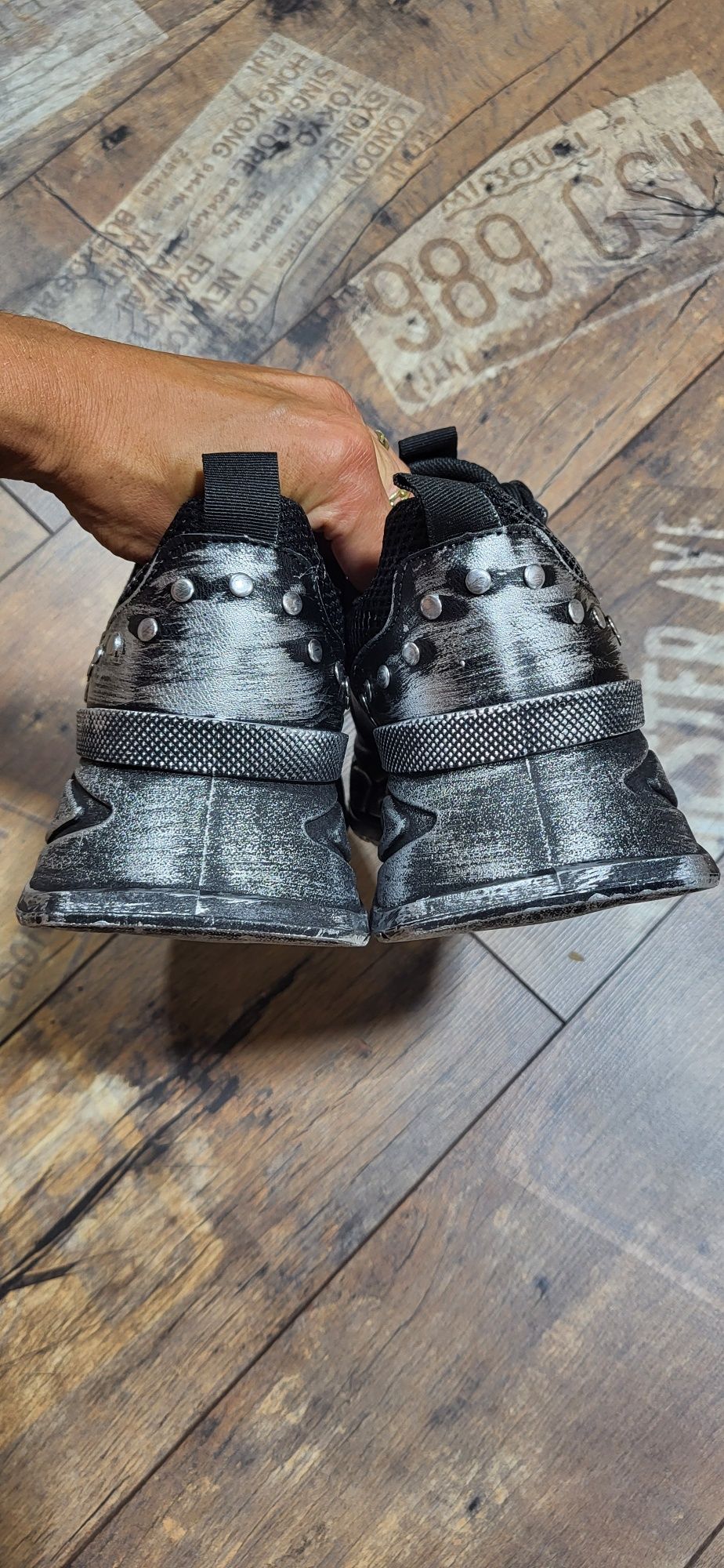 Czarnobsrebrne sneakersy damskie premium platforma 40