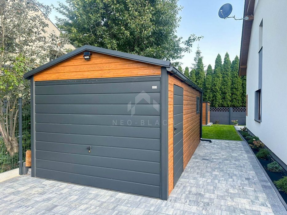 Garaż Blaszany 3X6M Brama Uchylna Drzwi Okno Drewnopodobny Rynny Nb283